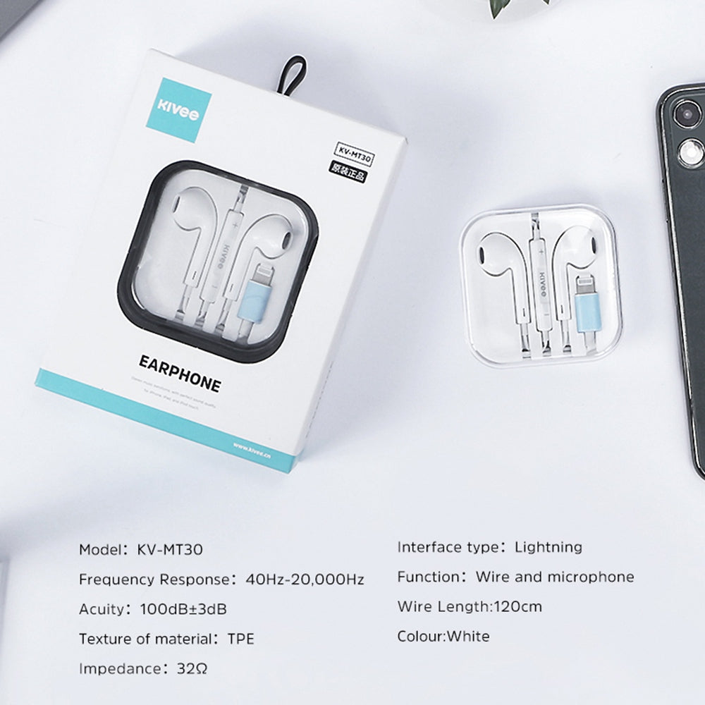 KIVEE KV-MT30 Semi-in-ear Headphones Volume Control Lightning Plug Wired Earphones with Mic KIVEE KV-MT30 Semi-in-ear Headphones Volume Control Lightning Plug Wired Earphones with Mic